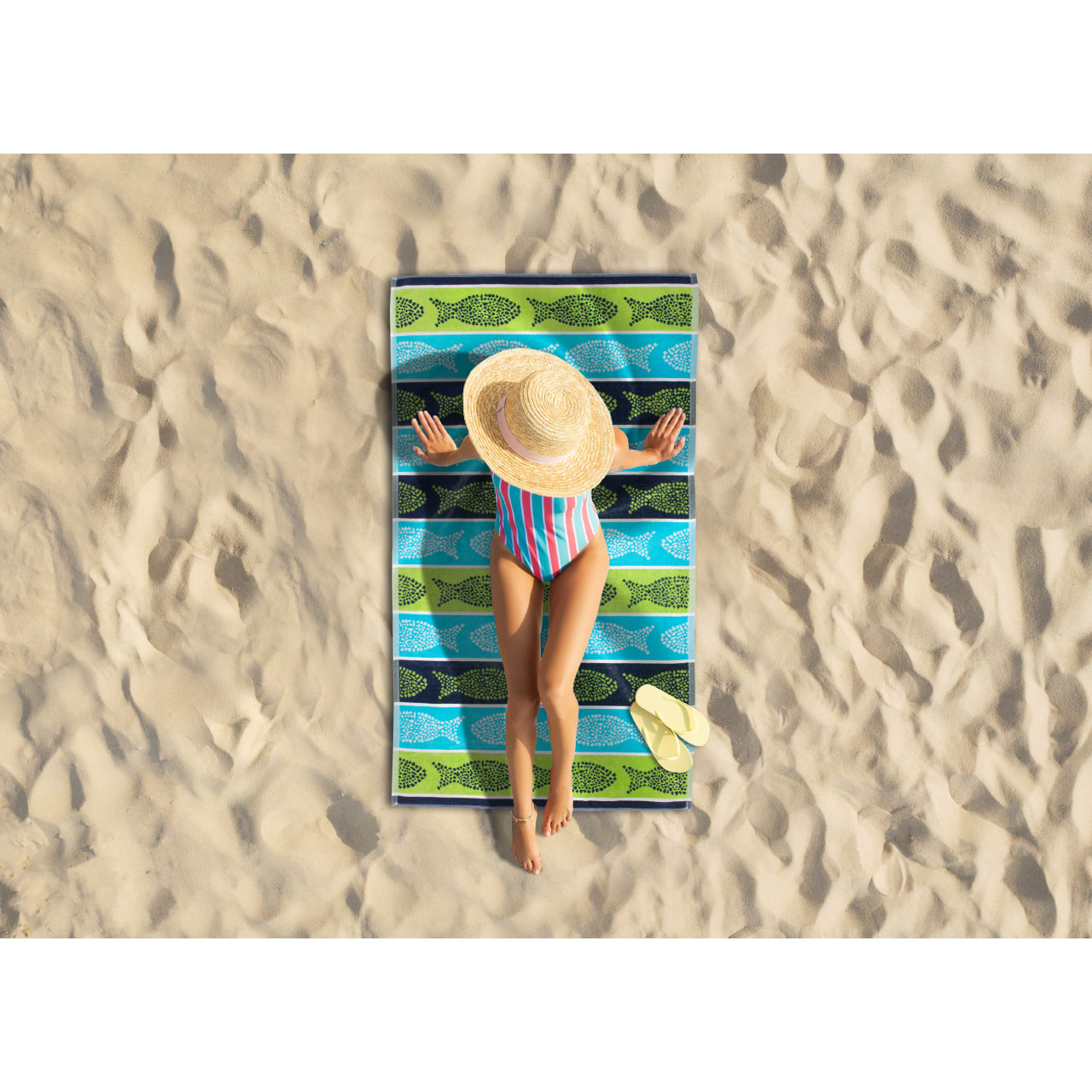 Telo Mare Spugna Jacquard Spiaggia Disegno Fish Pois