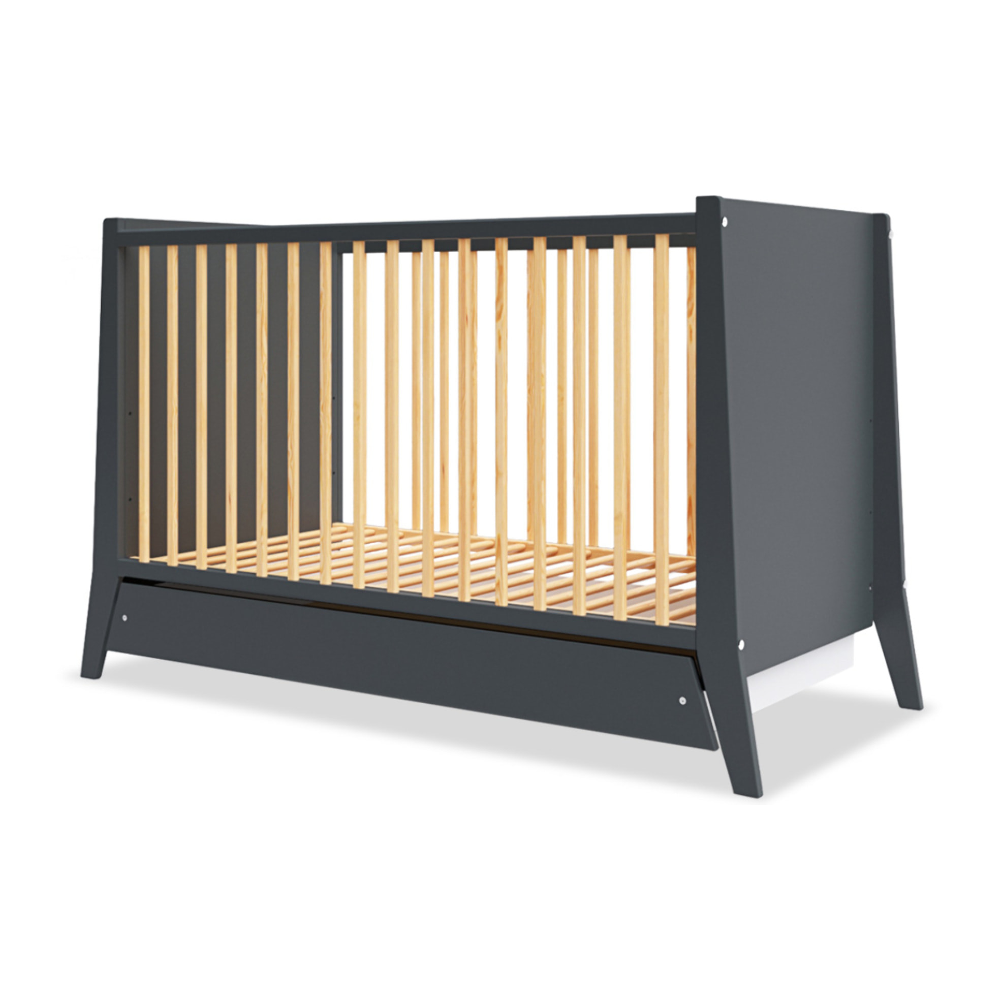 Lit Evolutif Timéo à barreaux 60 x 120 cm, Gris & Bois, En Bois, 3 Hauteurs, Tiroir intégré, Barreaux amovibles