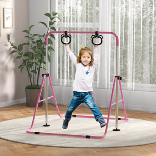 Barra de Gimnasia para Niños con Altura Ajustable en 5 Niveles y Anillos, Barra de Entrenamiento de Gimnasia Plegable en Casa, Rosa