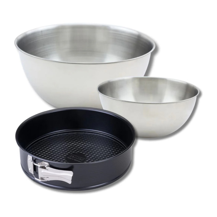 Lot avec 1 Moule à manqué à charnière 24 cm, 1 spatule Zenker et 2 bols à mixer en inox Fackelmann