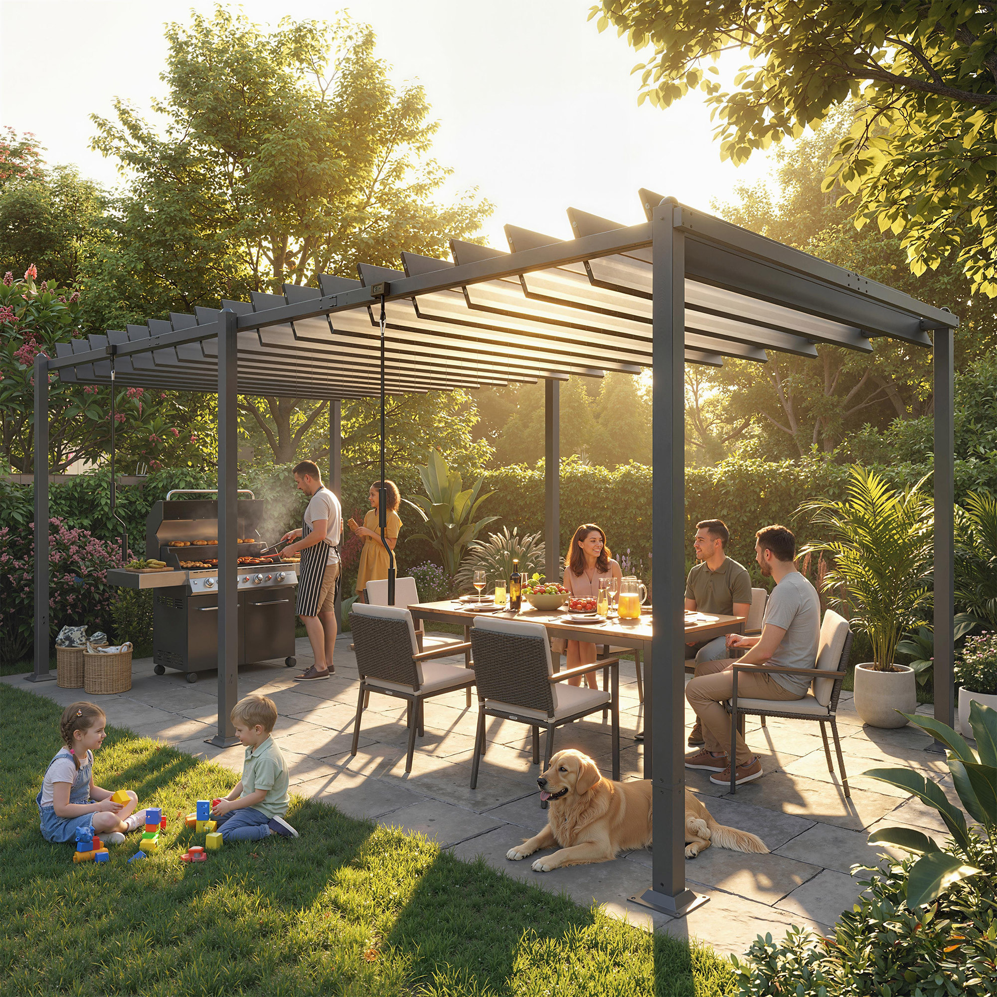 Pergola bioclimatique XXL dim. 5,7 x 3 m lames orientables 0-90 degrés gris