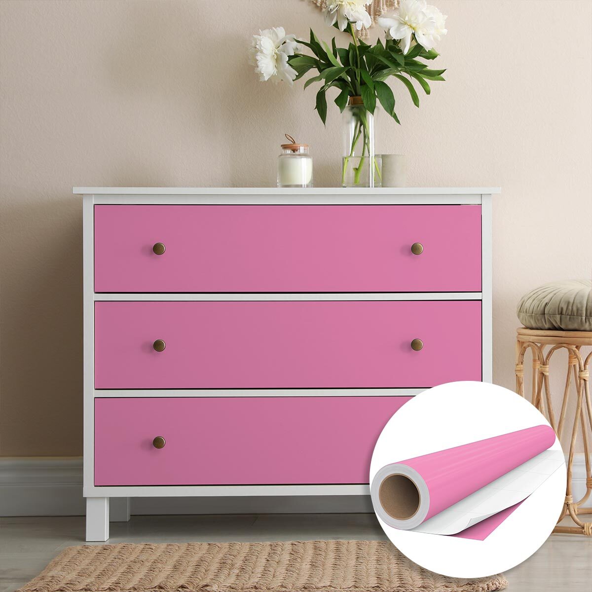 Rouleau adhésif décoratif Vinyle au Mètre - Rose - Sticker Lavable Imperméable Mur Cuisine Meubles