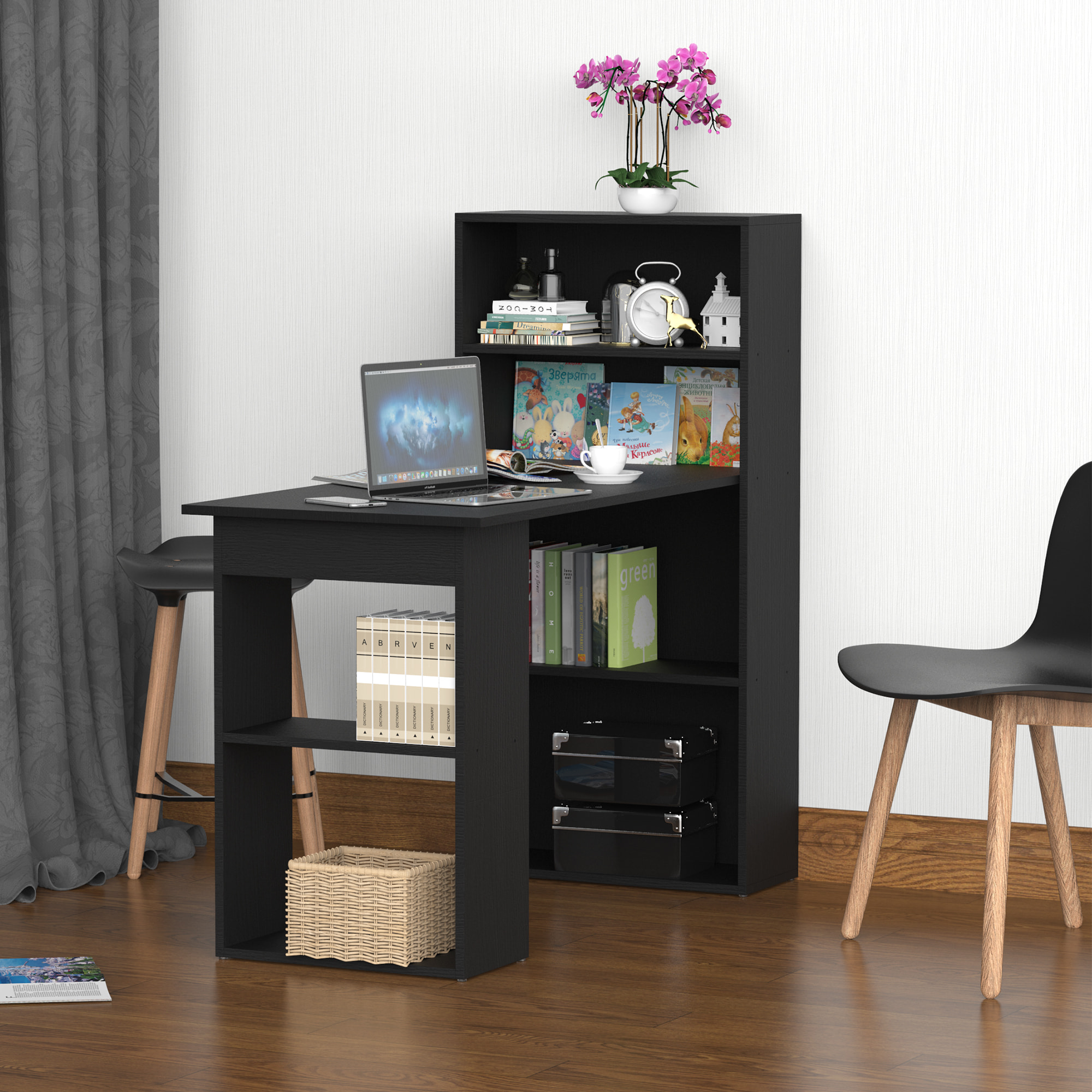 Bureau informatique 120L x 55l x 120H cm bibliothèque adjacente multi-rangements noir