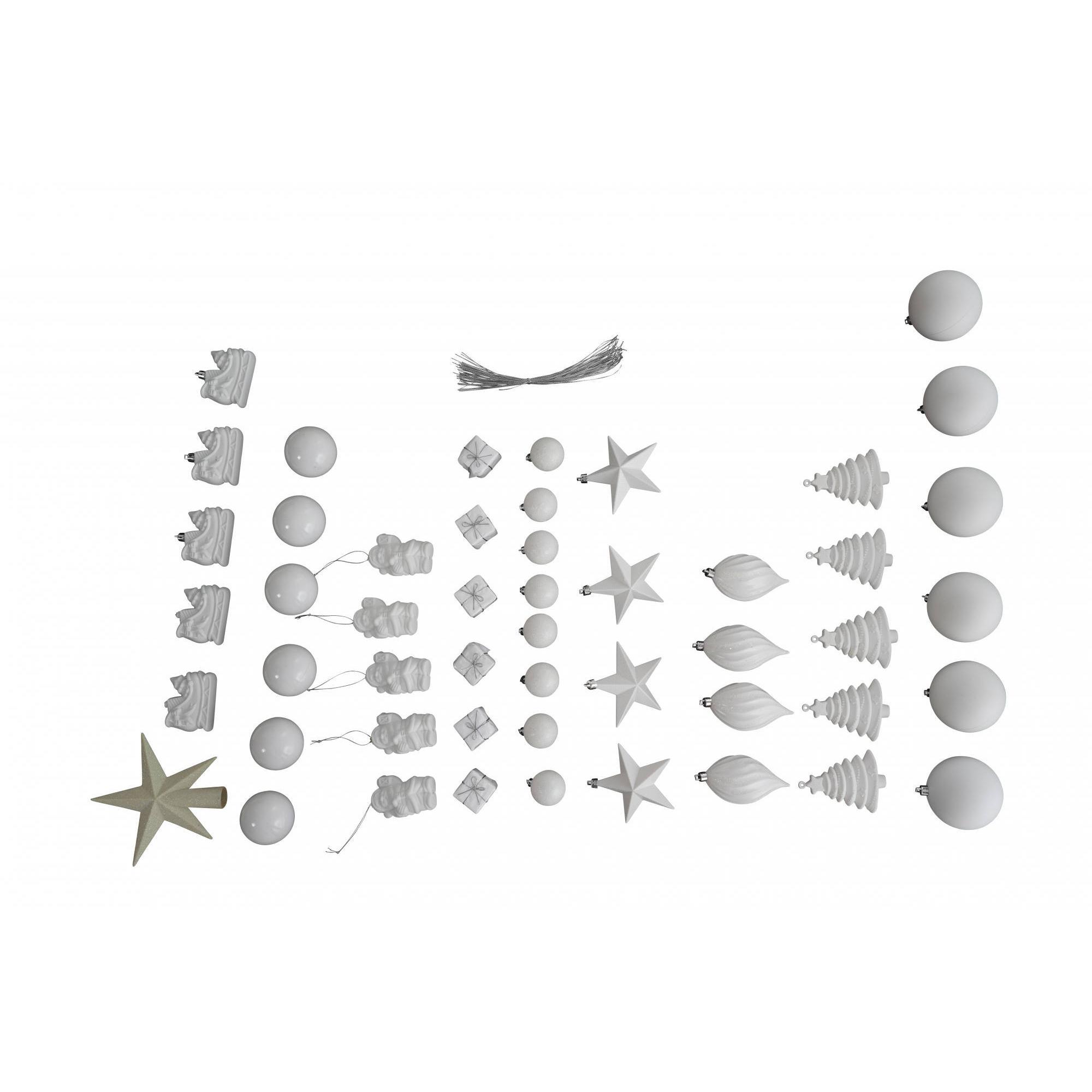 Box 50 pezzi decorazioni natalizie multi-forma, Ornamenti e puntale, Set assortimento palline di Natale, Scatola set albero di Natale, Da 4 a 10 cm, colore Bianco