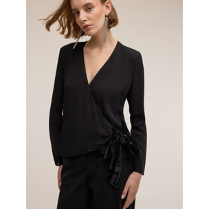 Motivi - Blusa cruzada con lazo de terciopelo - Negro
