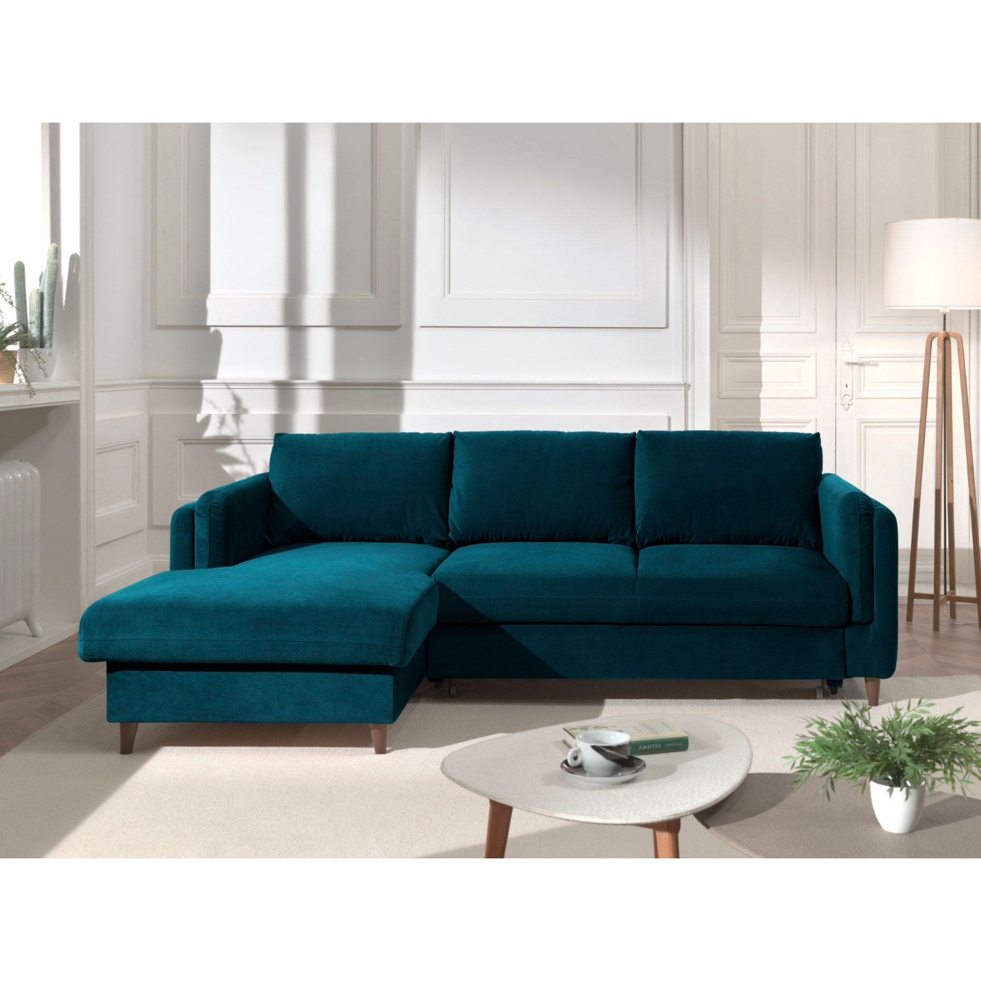 Brooke - canapé d'angle gauche - convertible avec coffre - 4 places - en velours - Bleu canard