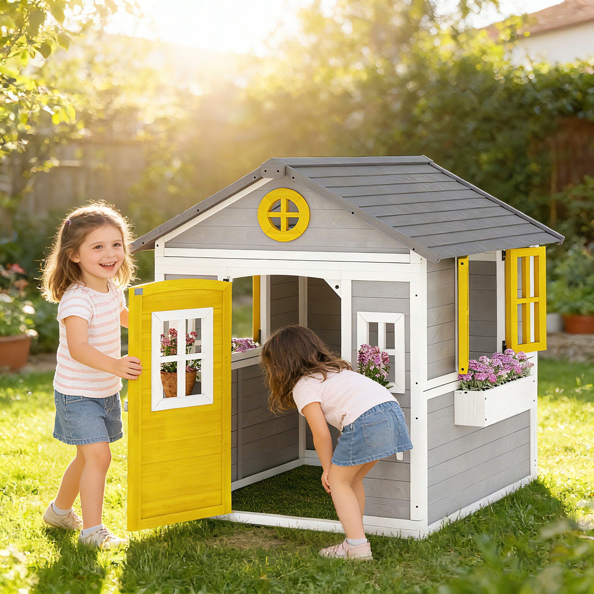 Casita Infantil Exterior e Interior de Madera, Casita Infantil con Puerta, Ventanas, Jardineras y Soportes de Flores, Casa de Jardín para Niños de 3-8 Años, Gris