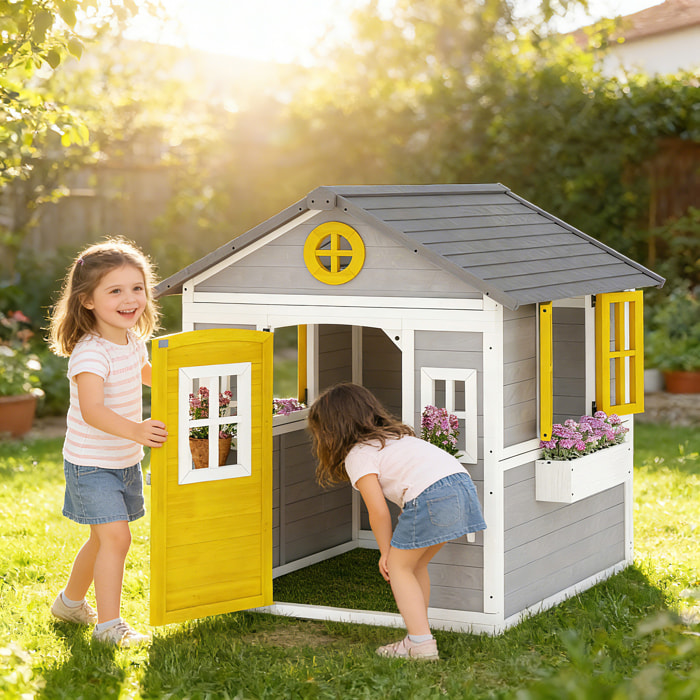 Casita Infantil Exterior e Interior de Madera, Casita Infantil con Puerta, Ventanas, Jardineras y Soportes de Flores, Casa de Jardín para Niños de 3-8 Años, Gris