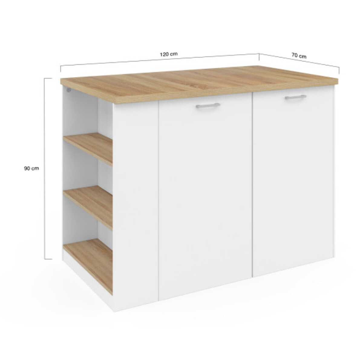 Ilot de cuisine Dario bois et blanc avec rangements