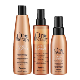 FANOLA Kit Oro Therapy Gold Champú 300ml + Acondicionador Bifásico 200ml + Spray Protector 100ml