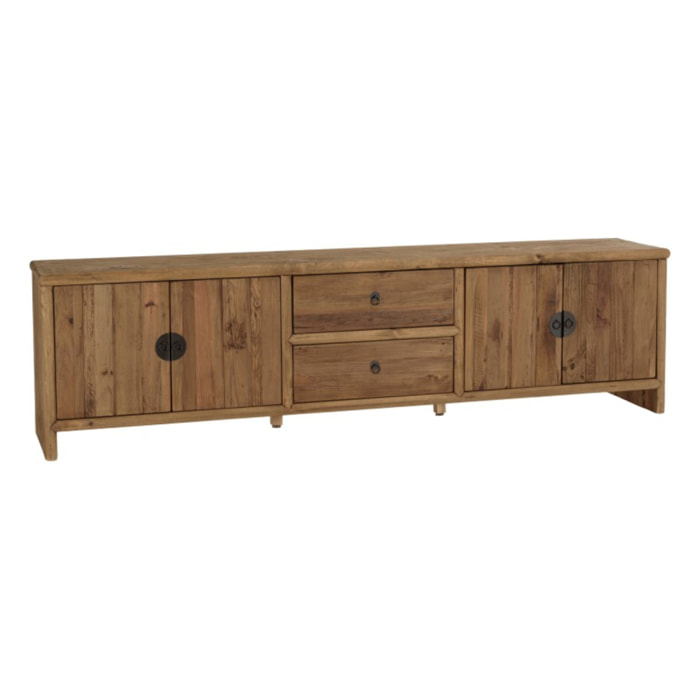 SANDY - Meuble TV 2 tiroirs 4 portes, longueur 240cm bois pin recyclé