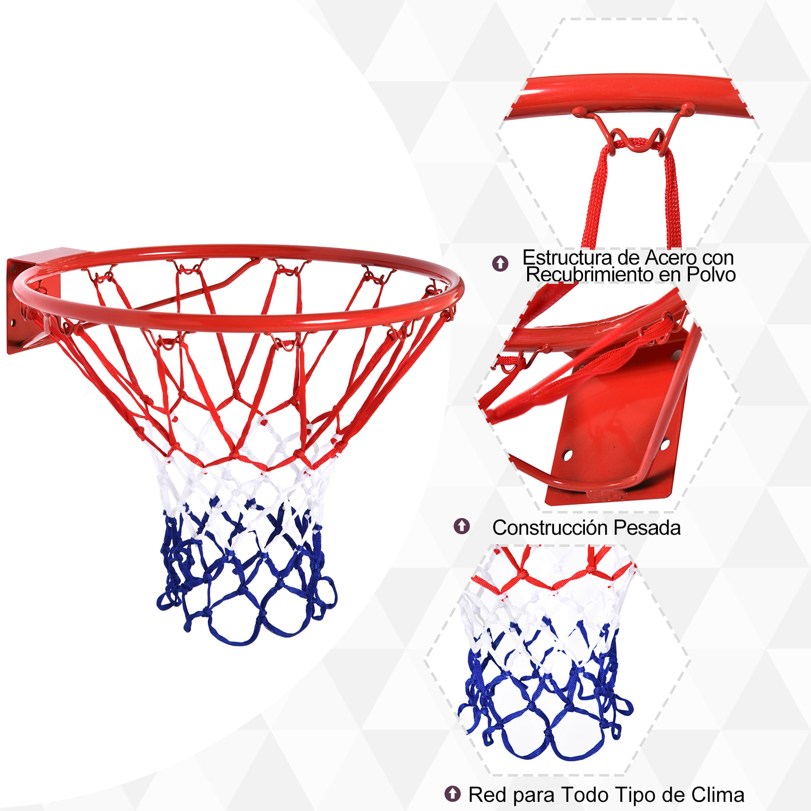 Canasta de Baloncesto de Pared Ø46 cm Aro de Baloncesto con Red de Baloncesto Marco Metálico y 12 Ganchos para Interior y Exterior Rojo