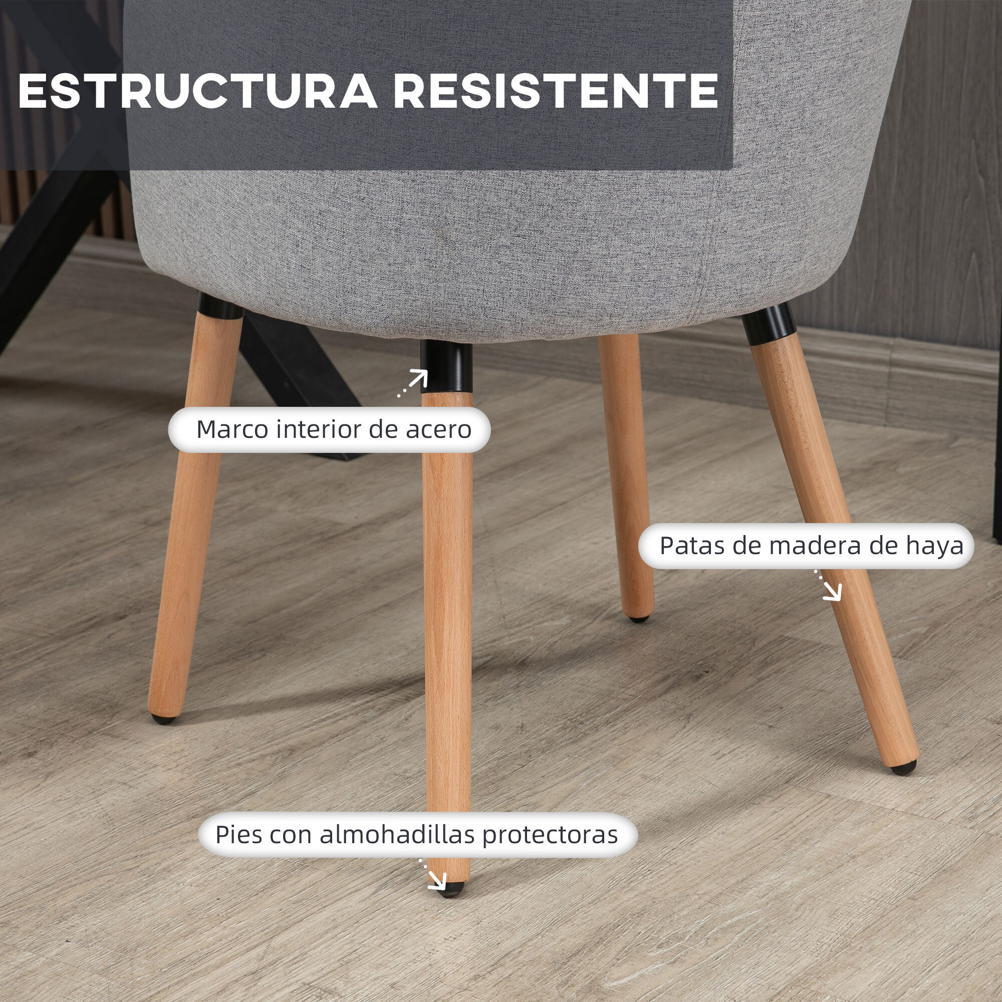 Silla de Comedor Butaca de Salón Tapizada en Lino Sintético con Reposabrazos y Patas de Madera para Oficina Dormitorio Carga 120 kg 57x56x72 cm Gris