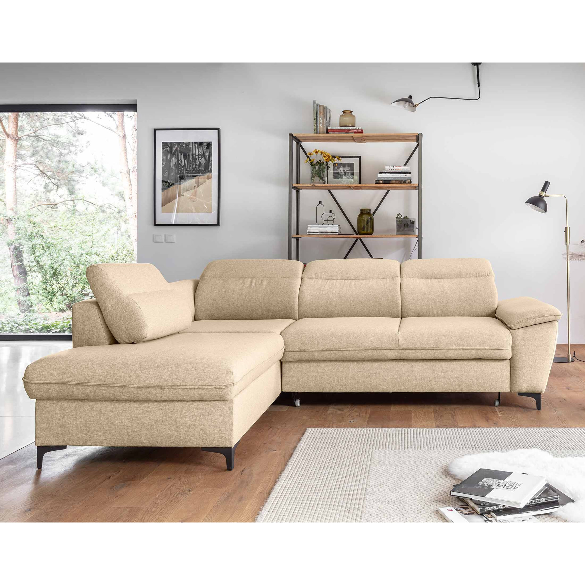 Clever - canapé d'angle gauche - 5 places - convertible avec coffre et têtières - en tissu - Beige