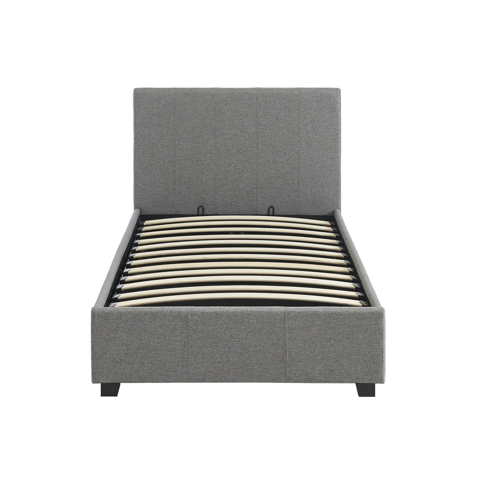 Lit coffre avec sommier à lattes et tête de lit. finition tissu gris clair. L 202 x P 97.5 x H 86cm