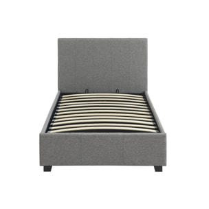 Lit coffre avec sommier à lattes et tête de lit. finition tissu gris clair. L 202 x P 97.5 x H 86cm