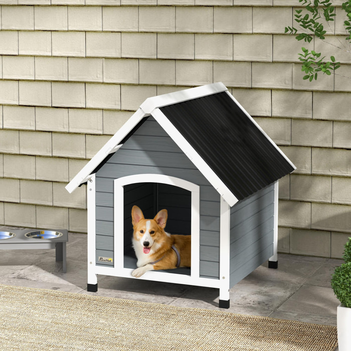 Niche pour chien design chalet sur pied - toit double pente, plancher amovible - plastique noir bois blanc gris