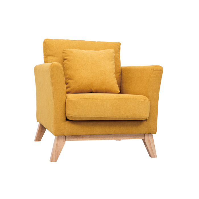 Fauteuil scandinave déhoussable en tissu effet velours jaune moutarde et bois clair OSLO