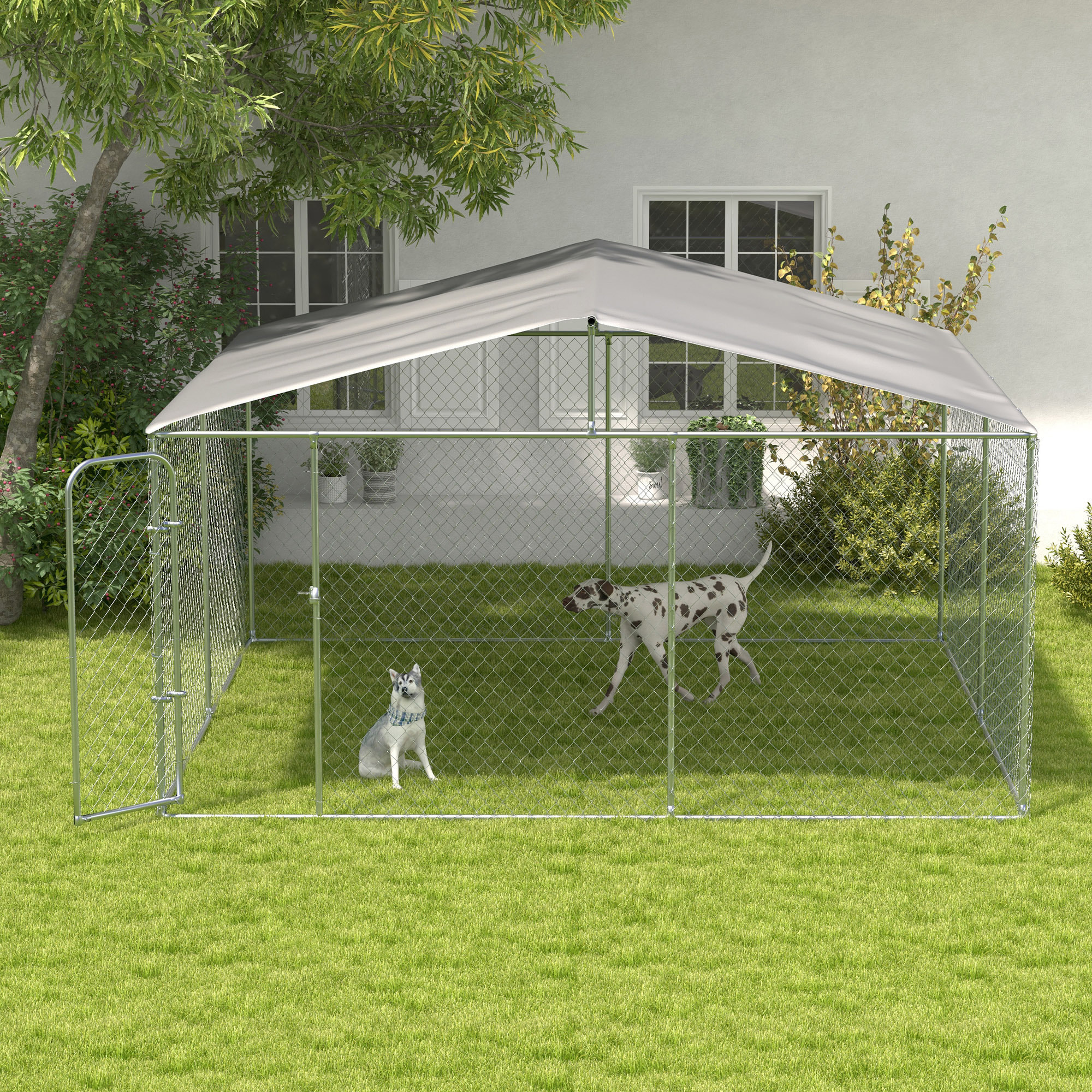 Perrera de Exterior con Toldo Anti-UV Impermeable Parque para Perros con Puerta con Pestillo y Marco de Metal Galvanizado para Patio Jardín Terraza 4x4x2,3 m Plata