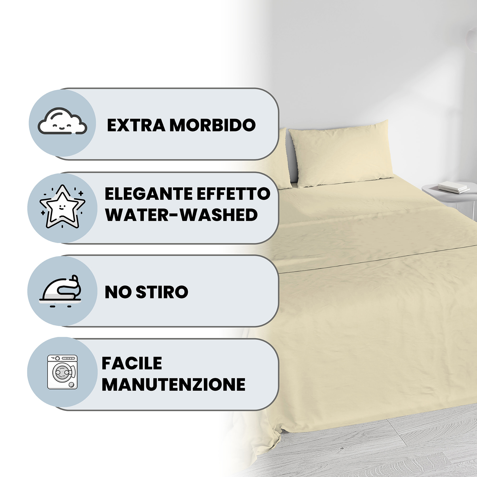 COMPLETO LETTO WATER WASHED, 100% Microfibra, No Stiro - CREMA