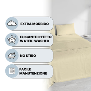 COMPLETO LETTO WATER WASHED, 100% Microfibra, No Stiro - CREMA