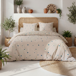 Parure housse de couette 240x220 cm imprimée cœur bleu + 2 taies 100% Coton - LAMOURELLE