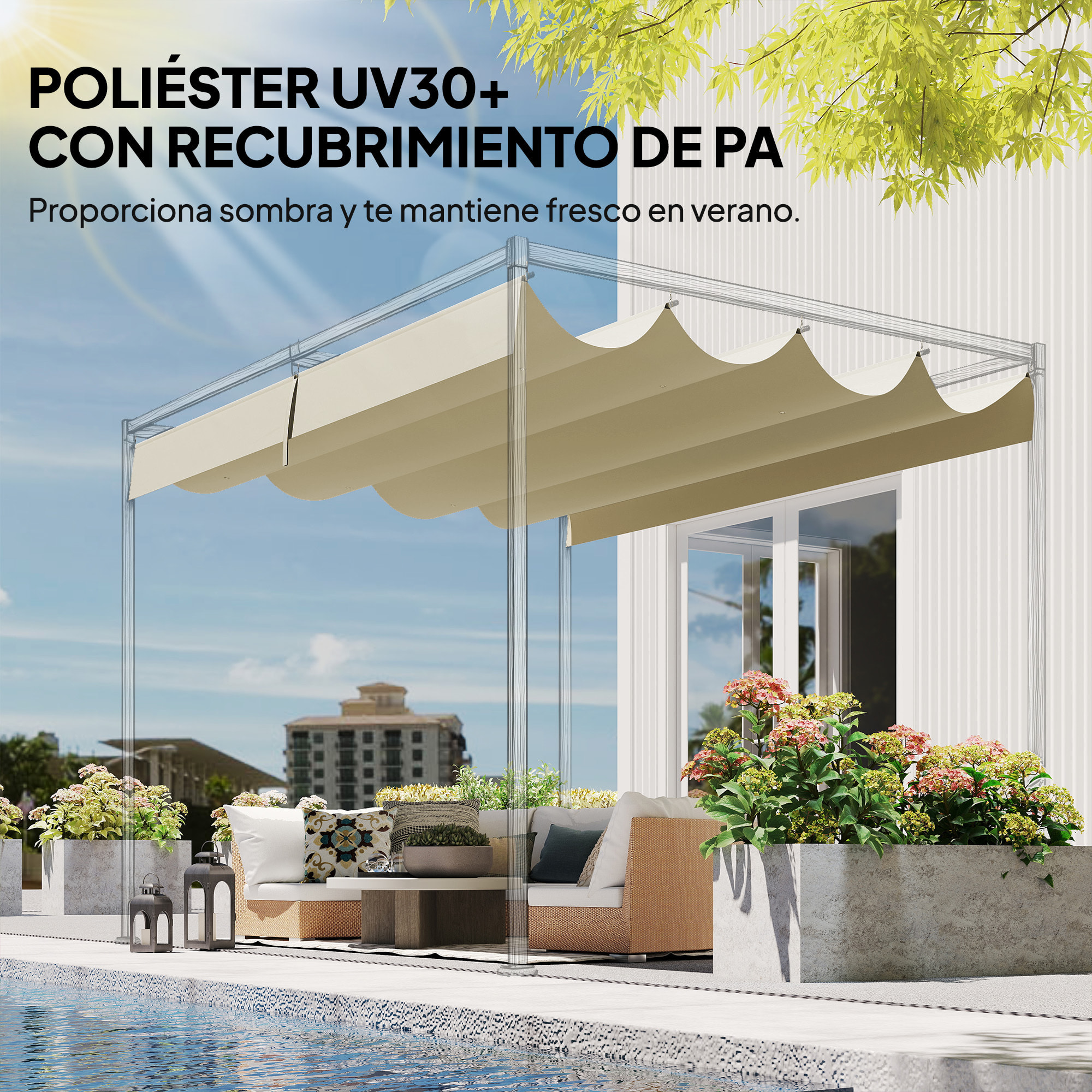 Techo de Pérgola 4 x 3,5 m, Techo de Repuesto Retráctil para Marco de Pérgola de 4x3 m, UV30+, Toldo de Tela Solo para Cenador Jardín con 8 Orificios de Drenaje, Blanco Crema