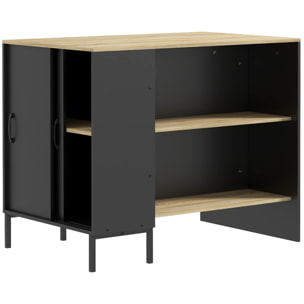 Îlot de cuisine multi-rangement - 2 étagères, placard 2 portes coulissantes avec étagère, porte couteaux - acier panneaux noir chêne clair