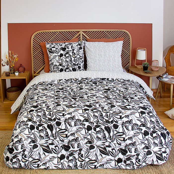 Parure housse de couette en microfibre motif feuillage - blanc et noir