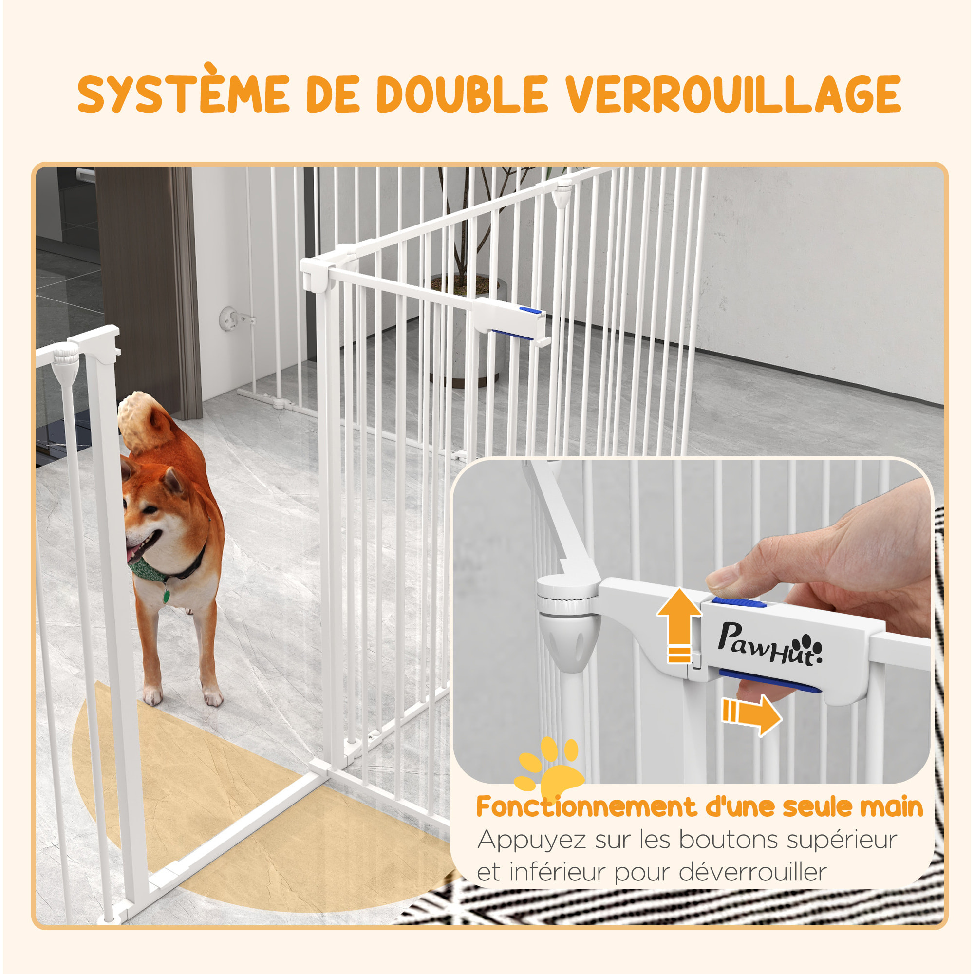 Barrière de sécurité parc enclos chien modulable pliable porte verrouillable intégrée 8 panneaux acier PP blanc