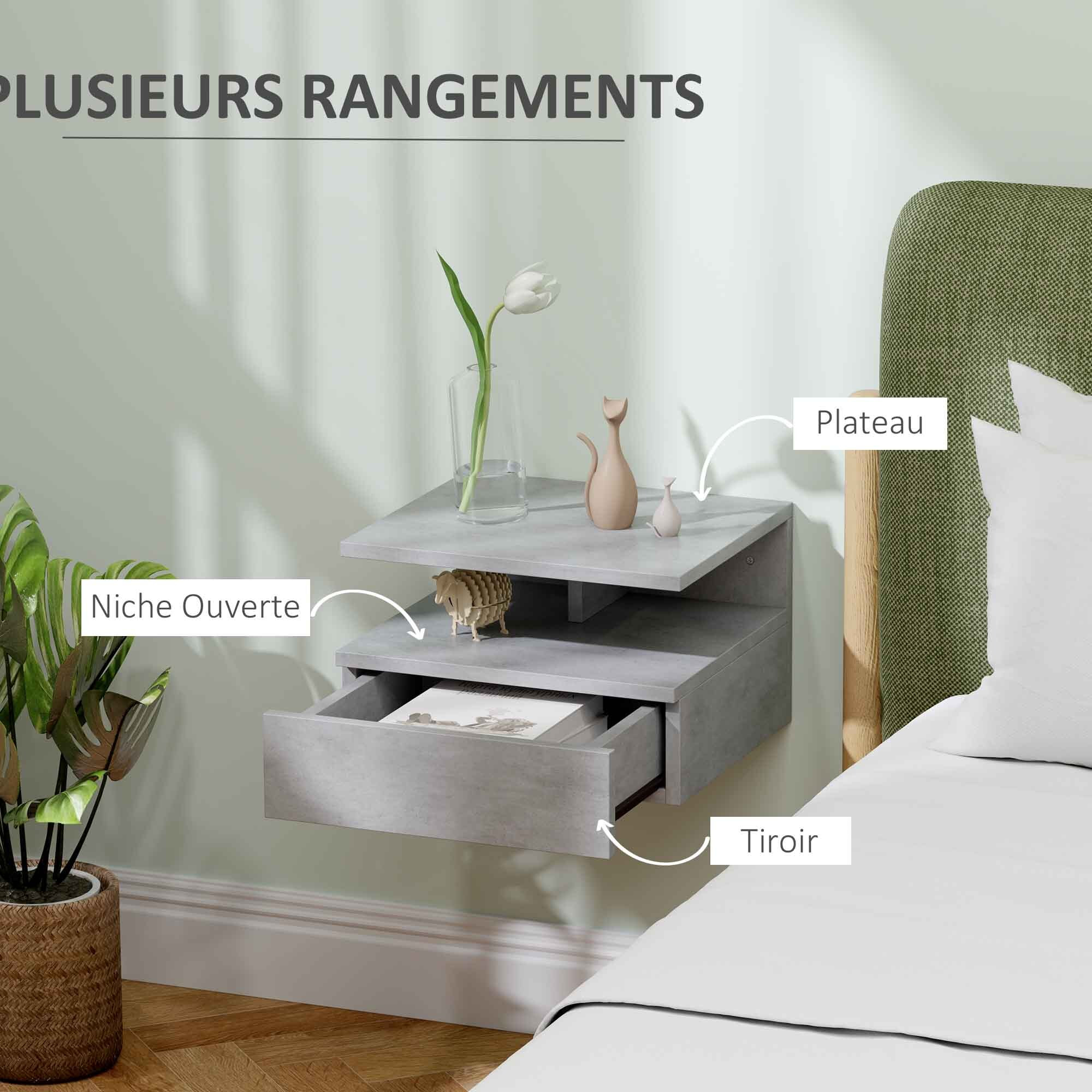 Lot de 2 tables de chevet murales - lot de 2 tables de nuit - tiroir coulissant, niche et plateau - gris ciment