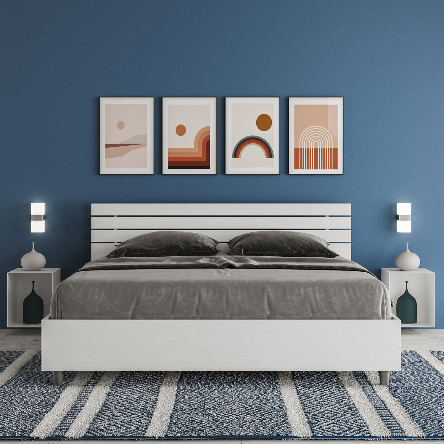 Letto con rete 160x200 testata dritta con doghe bianco frassino Ankel