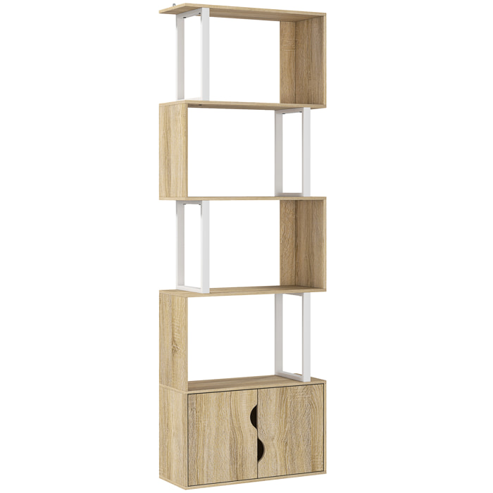 Bibliothèque design zig zag - 4 étagères, 2 portes - effet bois acier naturel