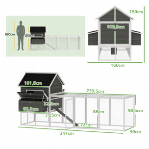 Gallinero de Madera Grande Exterior, Caseta para Gallinas con 2 Nidos, Corral, Techo Asfáltico, Bandeja Extraíble y Rampa, Casa Elevada para 8-10 Gallinas, Conejos, 347x160x150 cm, Gris Oscuro