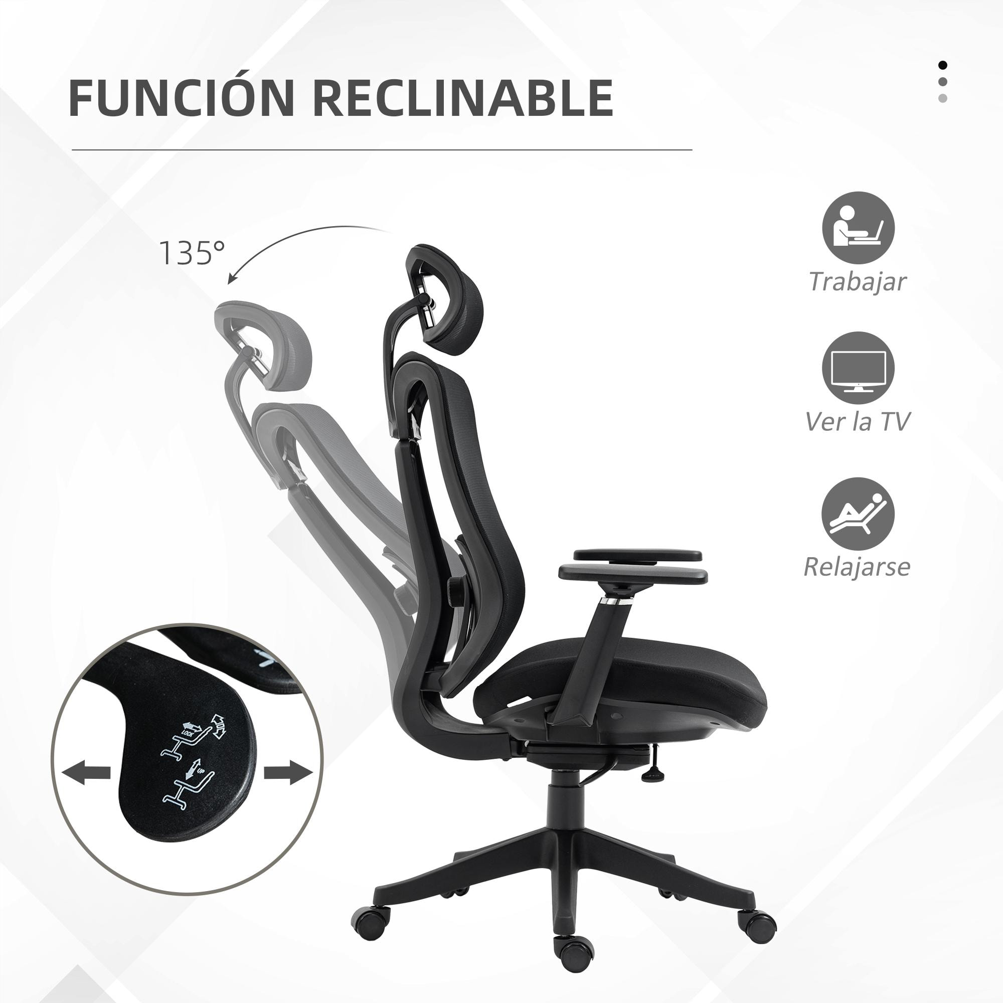 Silla de Oficina de Malla Silla de Escritorio Reclinable con Reposacabezas Ajustable Soporte Lumbar y Reposabrazos 3D Carga 150 kg 70x66x120-128 cm Negro