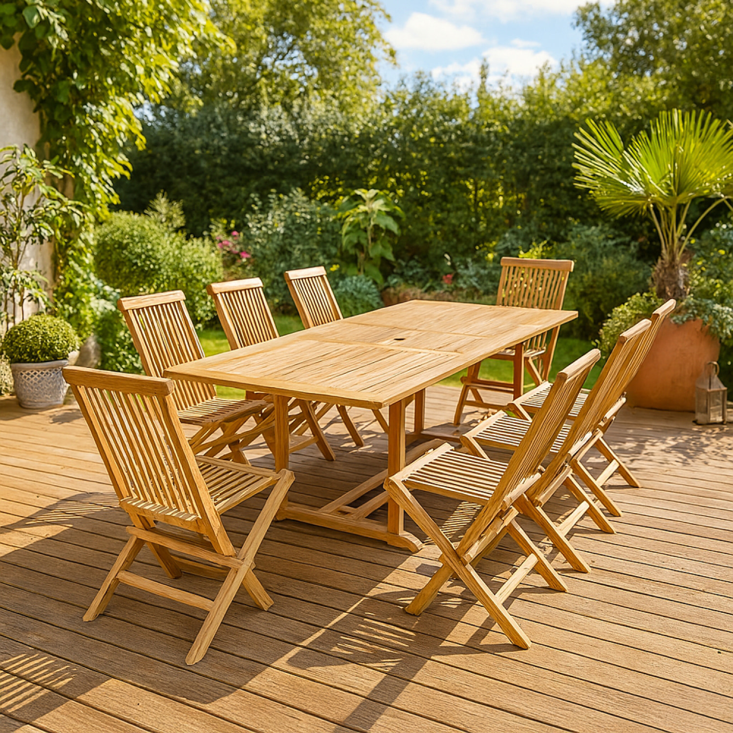 ADAGNA Salon de jardin en teck massif 8-10 personnes rectangulaire 8 chaises