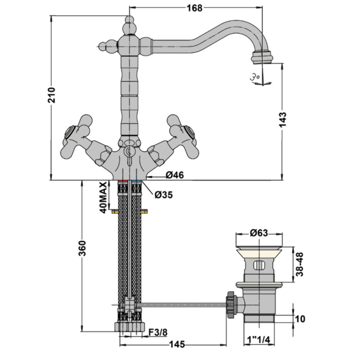 Mélangeur lavabo bec rétro PAINI Tiffany Vieux Bronze