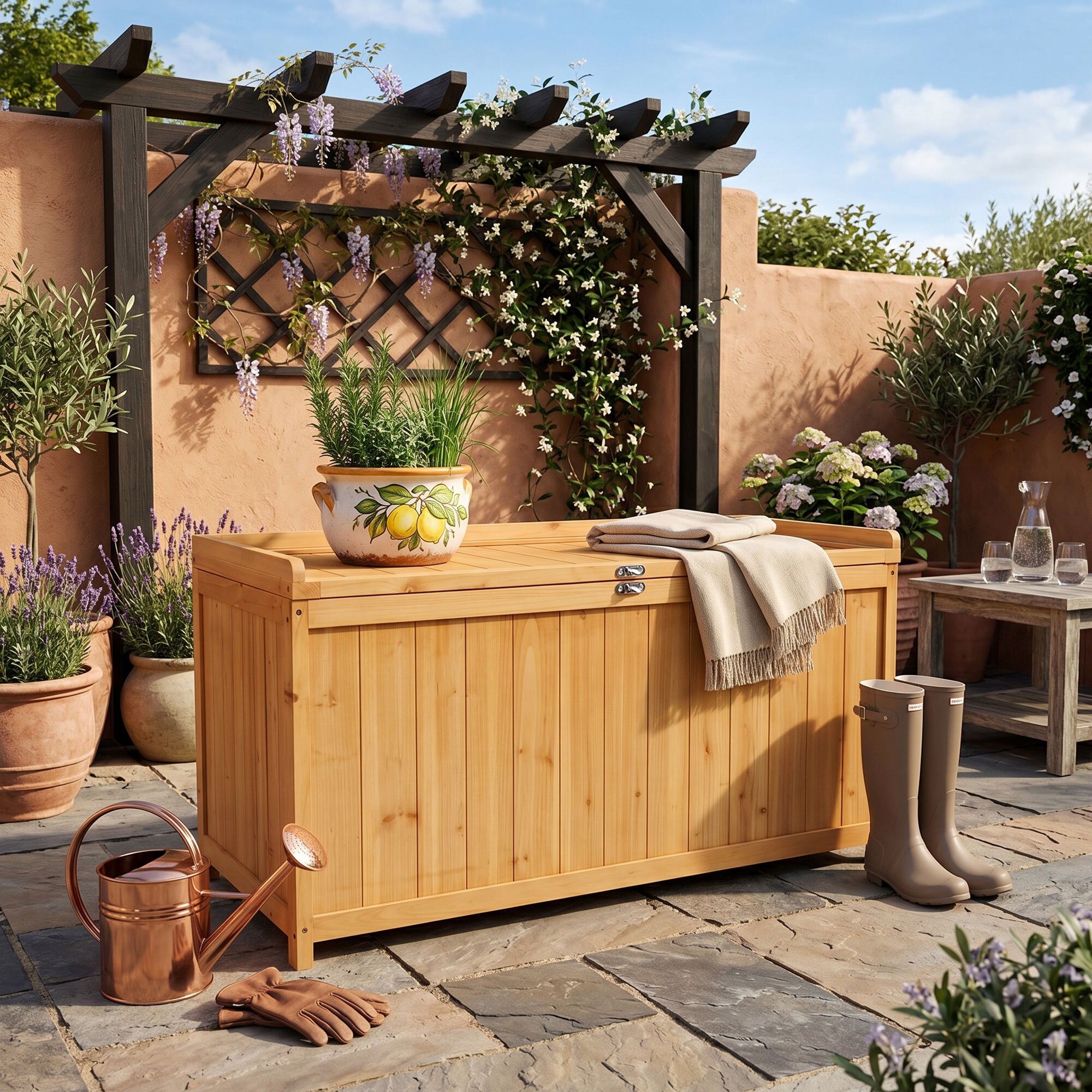 Cubo - Baule Contenitore da Esterno 113x60x53 cm in Legno di Abete con Chiusura a Lucchetto