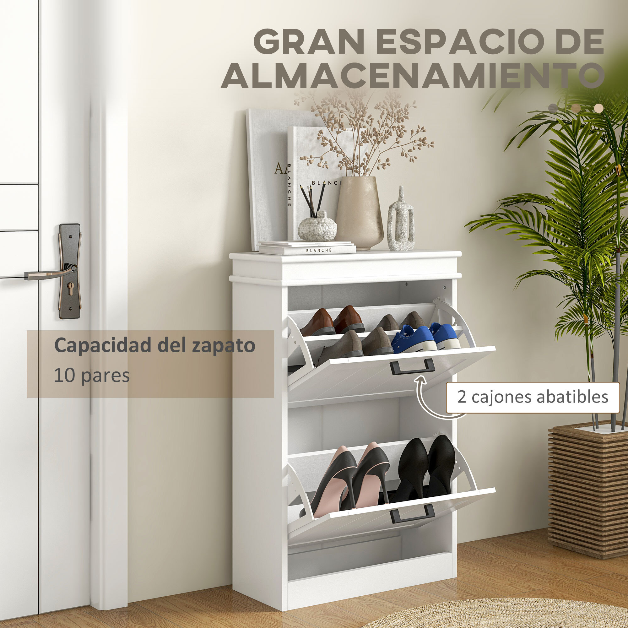 Zapatero Estrecho con 2 Puertas Abatibles, Zapatero Entrada Recibidor, Estantes Ajustables, para 10 Pares de Zapatos, para Pasillo, Espacios Reducidos, Blanco