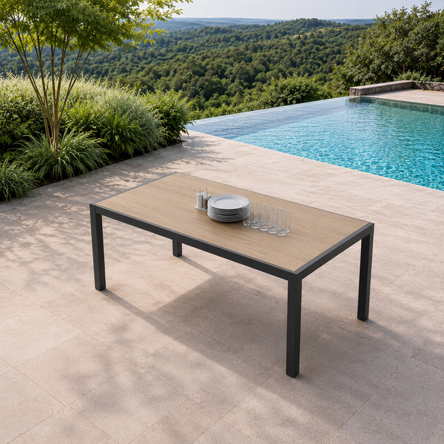 Table de jardin 200cm en aluminium et avec plateau en verre trempé effet bois NAIROBI