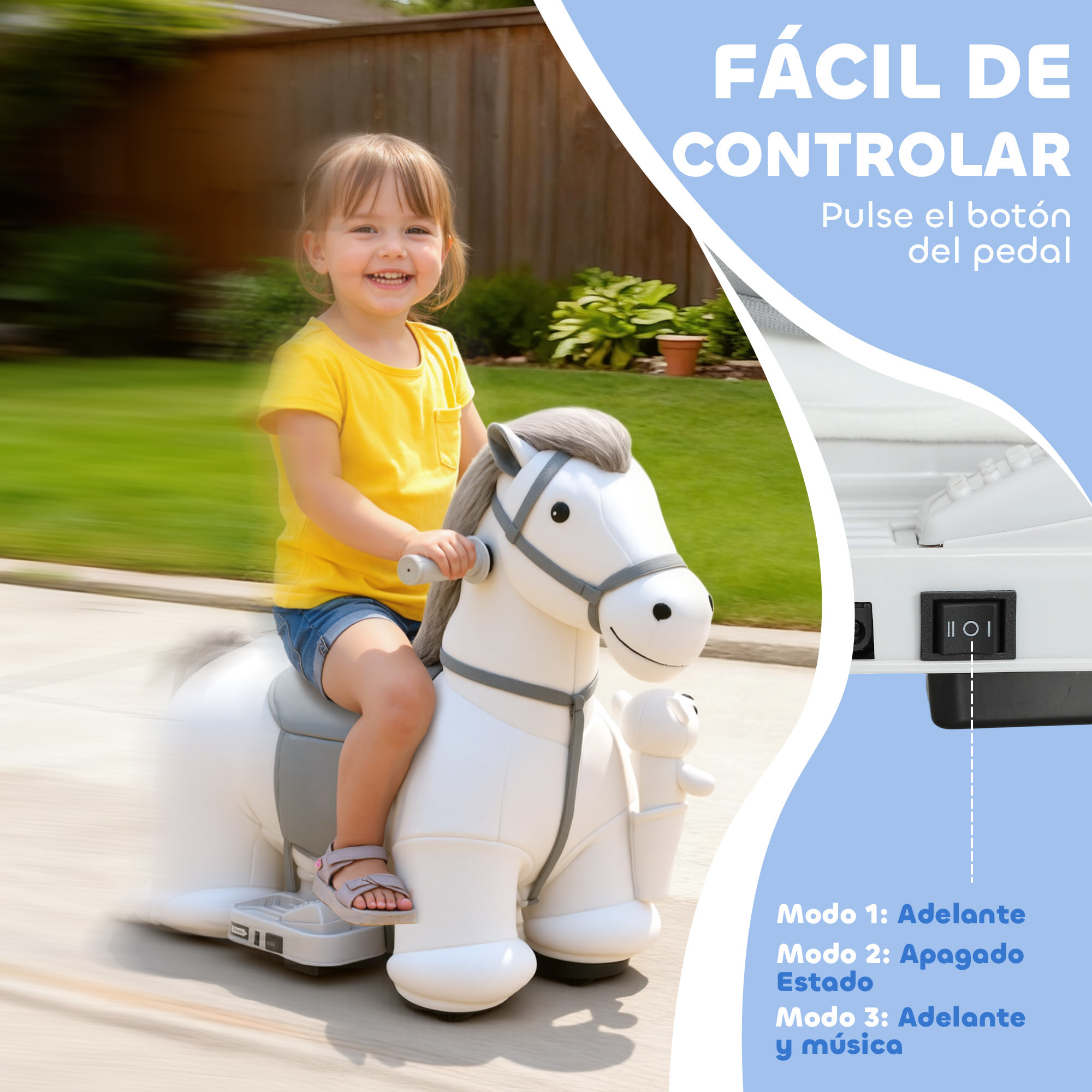 Caballito Eléctrico con Música, Batería 6V, Caballo de Juguete Eléctrico, Tacto Suave, Ruedas Silenciosas de PU, Marcha Adelante, Regalo para Niños y Niñas de 1,5 a 5 Años, Blanco
