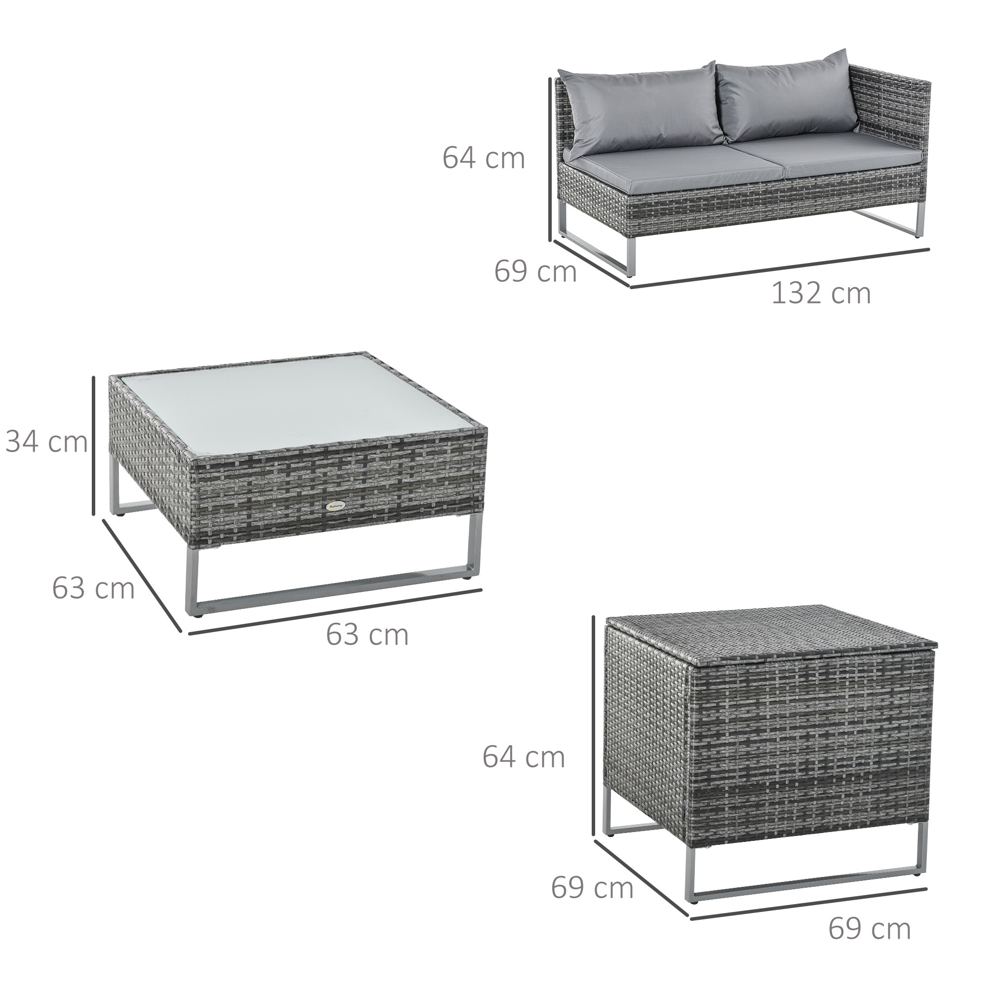 Ensemble salon de jardin d'angle 4 places - table basse, coffre - coussins assise déhoussables - métal époxy résine tressée gris