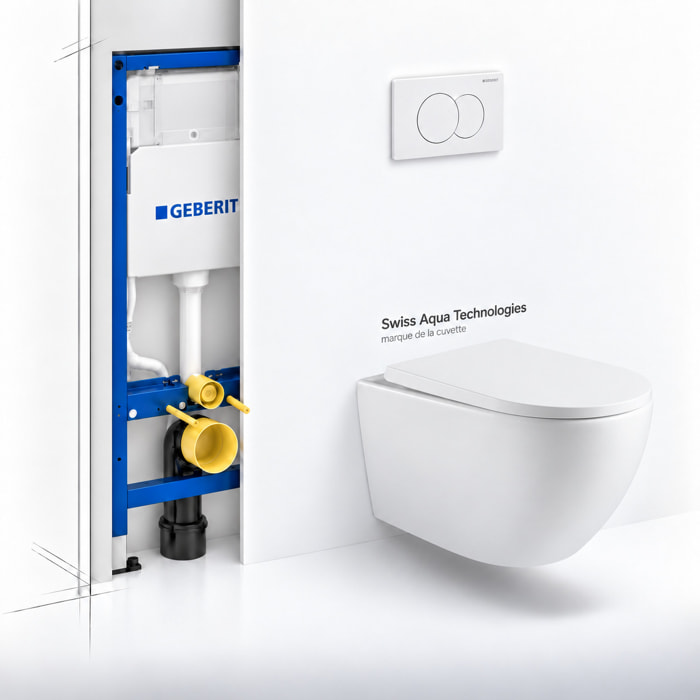 Pack WC Bâti support Geberit + WC Swiss Aqua Technologies Vortex sans bride + abattant SoftClose + plaque (VORTEXGEB3)