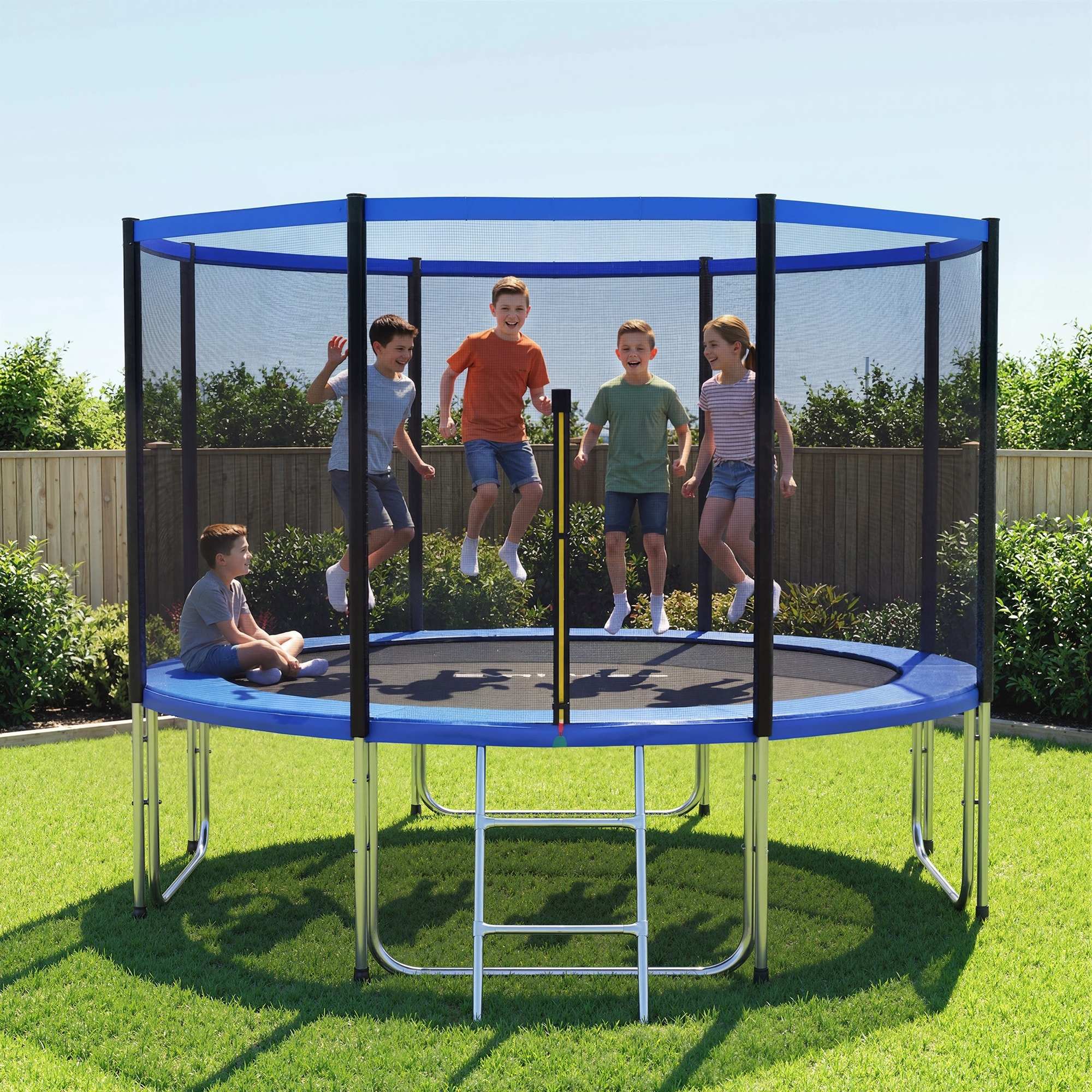 Cama Elástica para Niños Exterior Ø366 cm, Trampolín para Niños de +6 Años con Red de Seguridad, Escalera, Acolchado de Muelles y Marco de Acero Galvanizado, Carga 150 kg