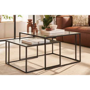 Tables basses gigognes carrées design verre trempé et métal noir (lot de 2) TAHL