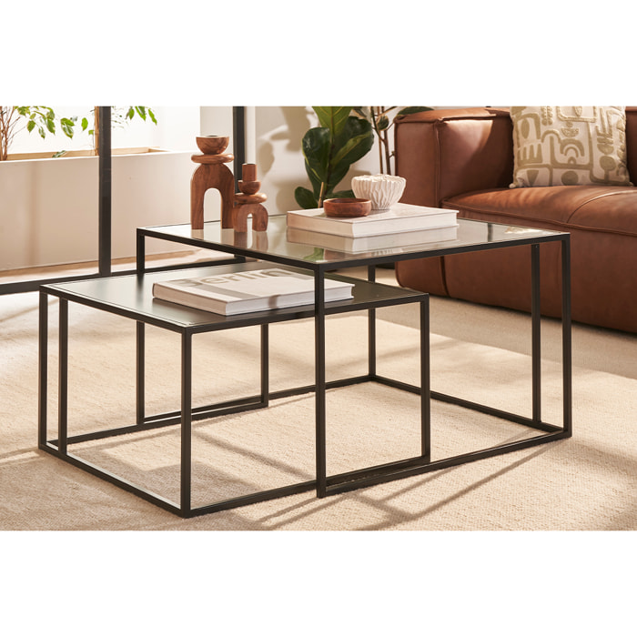 Tables basses gigognes carrées design verre trempé et métal noir (lot de 2) TAHL