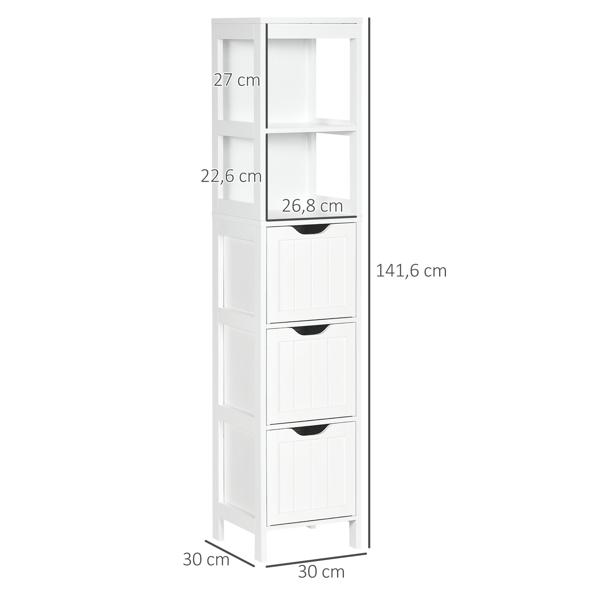 Armario Alto de Baño Estrecho con 3 Cajones y 2 Estantes Abiertos Columna de Baño Estilo Moderno para Salón Aseo Cocina 30x30x141,6 cm Blanco