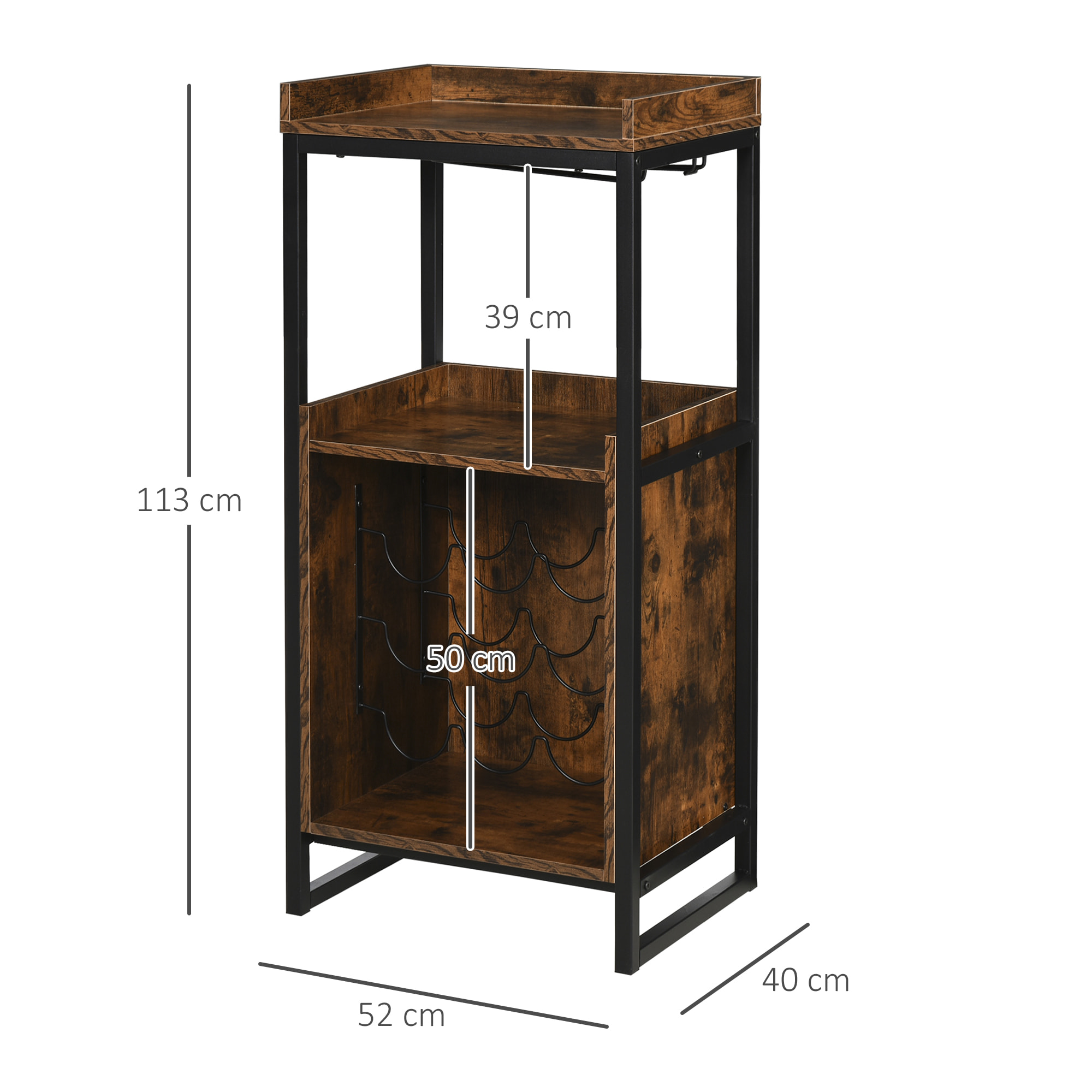 Casier à vin design industriel étagère à bouteilles 9 bouteilles support verres à vin intégré métal noir aspect vieux bois veinage