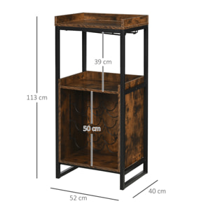 Casier à vin design industriel étagère à bouteilles 9 bouteilles support verres à vin intégré métal noir aspect vieux bois veinage