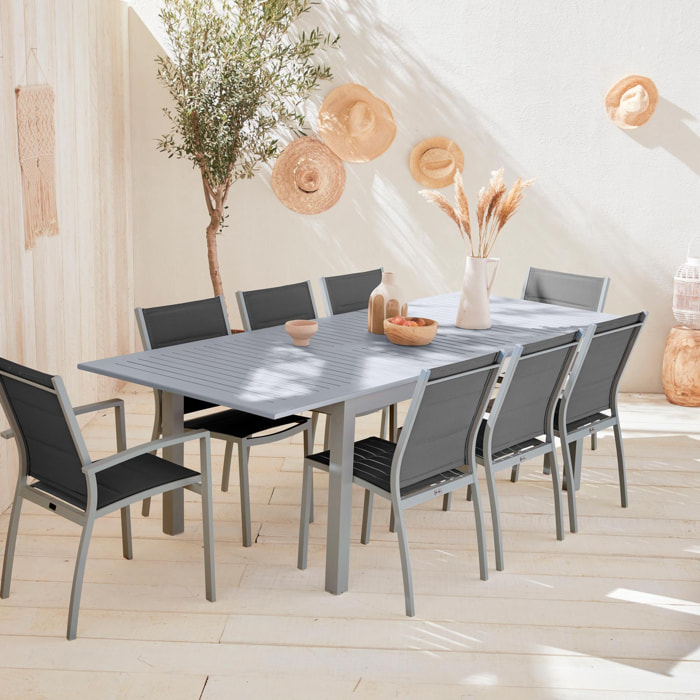 Table de jardin extensible aluminium + 8 assises - Chicago Gris - Table en aluminium 175/245cm avec rallonge et 8 assises en textilène